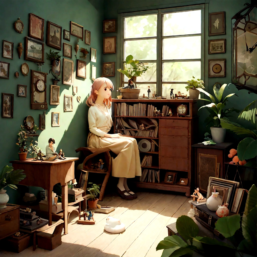 A calm lo-fi girl sitting by a window with soft sunlight streaming in, Immerse yourself in music, A vintage room filled with records and plants, Evokes a sense of nostalgia and relaxation, figure, Digital Art, --16 pieces:9-5 o'clock