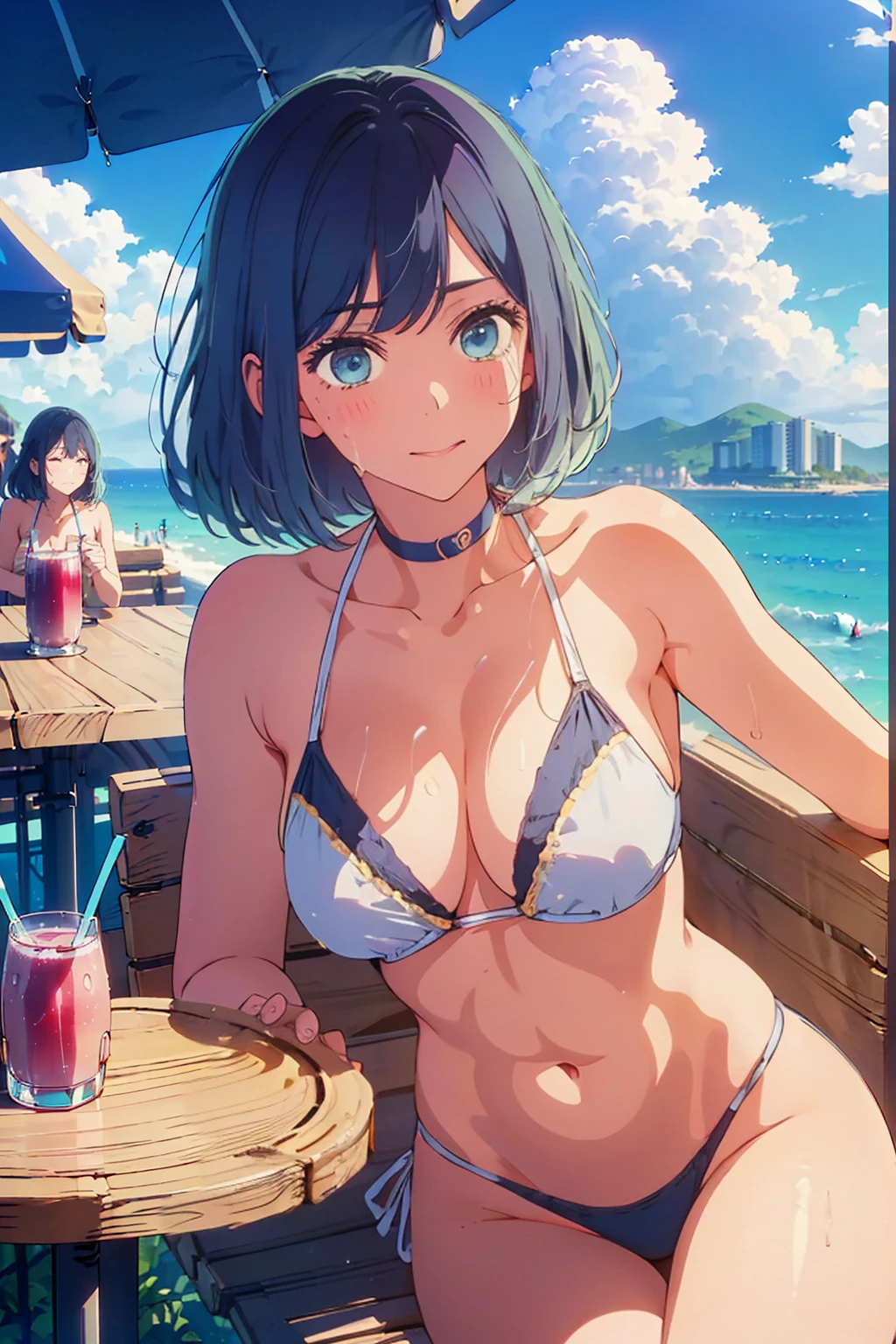 Highest quality,8k,detailed,F cup bust、Big Breasts、Slim and beautiful arms、Slim body、Very white beautiful skin、((((1 person、smile、Swimwear、She is wearing a white side-string high-leg bikini、smile、sit、Leaning back in a chair、In the background are the urban buildings of Tokyo、Outdoor café terrace、coastal、table、Navy hair color、Cheek resting on hand、Drink juice、Very cute face))))、Sexy pose、Very blue sky、A completely cloudless sky、She tilted her head slightly、The atmosphere is bright and lively、The woman is at the center of the image。