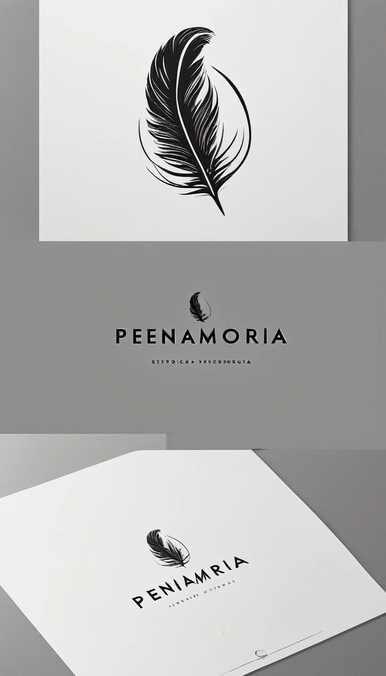 A minimal, modern, simple, cinematic logo design for the brand “Penamemoria". Create a modern, minimalistic, high-quality, logo of a fantastic feather