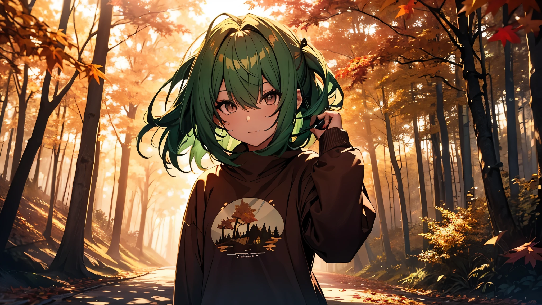 a girl with green hair, violet sweatshirt, autumn forest, perfect brown eyes, cinematic lighting, expression of joy, work of art, ultra definition, falling autumn leaves, half-length focus, pose on a corner of the image