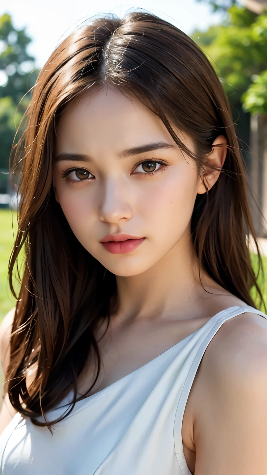 (RAW Photos, Highest quality), (Realistic, Photorealistic:1.3), Tabletop, Crying face, Very delicate and beautiful, Soft Light, (Brown Hair, Straight shoulder-length hair fluttering in the wind), Beautiful detailed girl, Highly detailed eyes and face, Beautiful and detailed nose, Fine and beautiful eyes, (Crying face：1.3)1 Girl,Pure beauty, cute, (Half Body:1.3), (Small breasts:1.2), Realistic face, Realistic body,