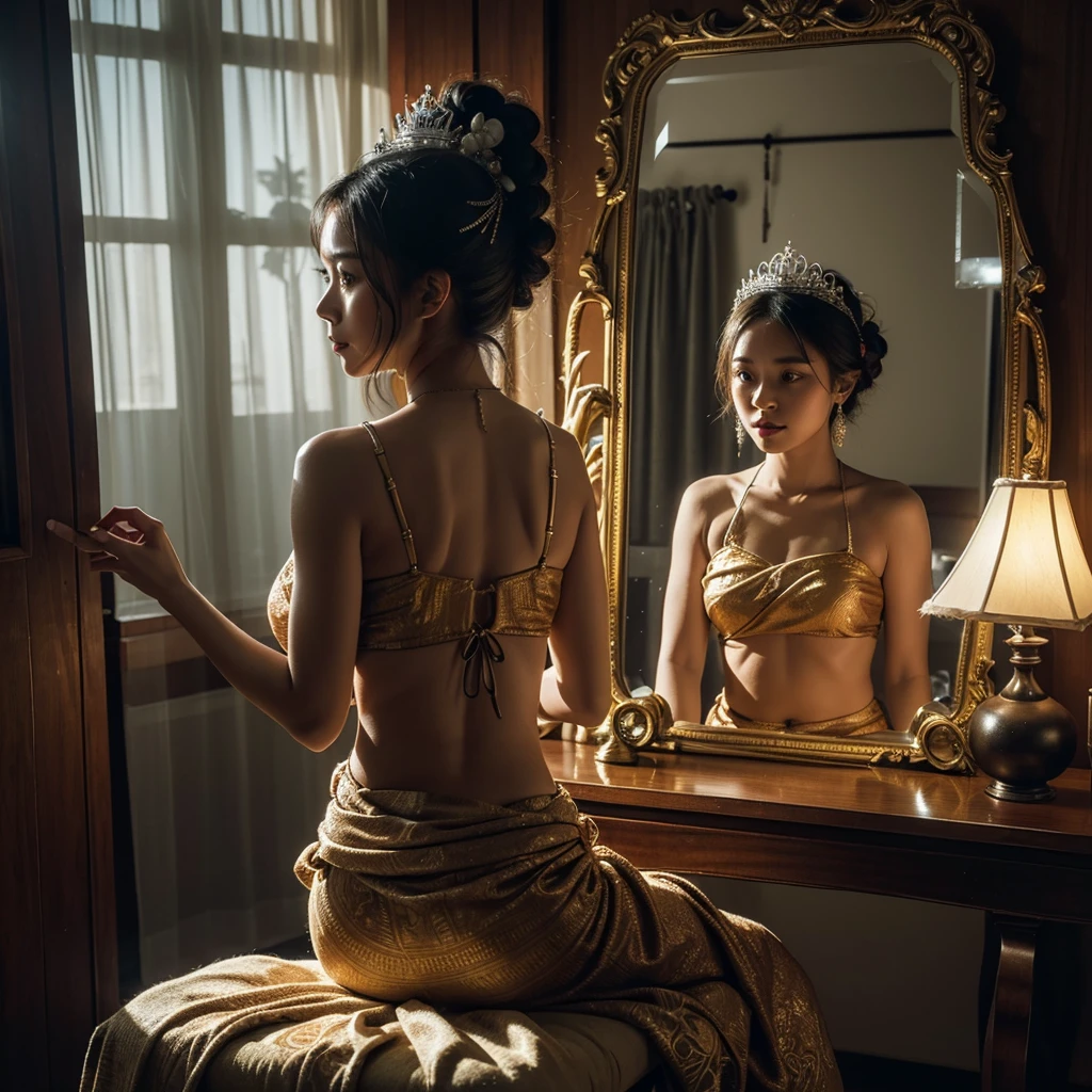 hyper realistic photography (((ultra detailed object))) shade backlight lighting treatment naturally, a girl wearing traditional bali`s pendet dancer clothes & batik sarong sit down looking at mirror ((there`s her reflection on mirror)) at her modest beauty desk (she is holding her traditional tiara) she is looking at the mirror preparing for her show performance, on her room at traditional indonesian home, show back of her body, dark dramatic mood, 1 source of light a tungsten lamp on the corner