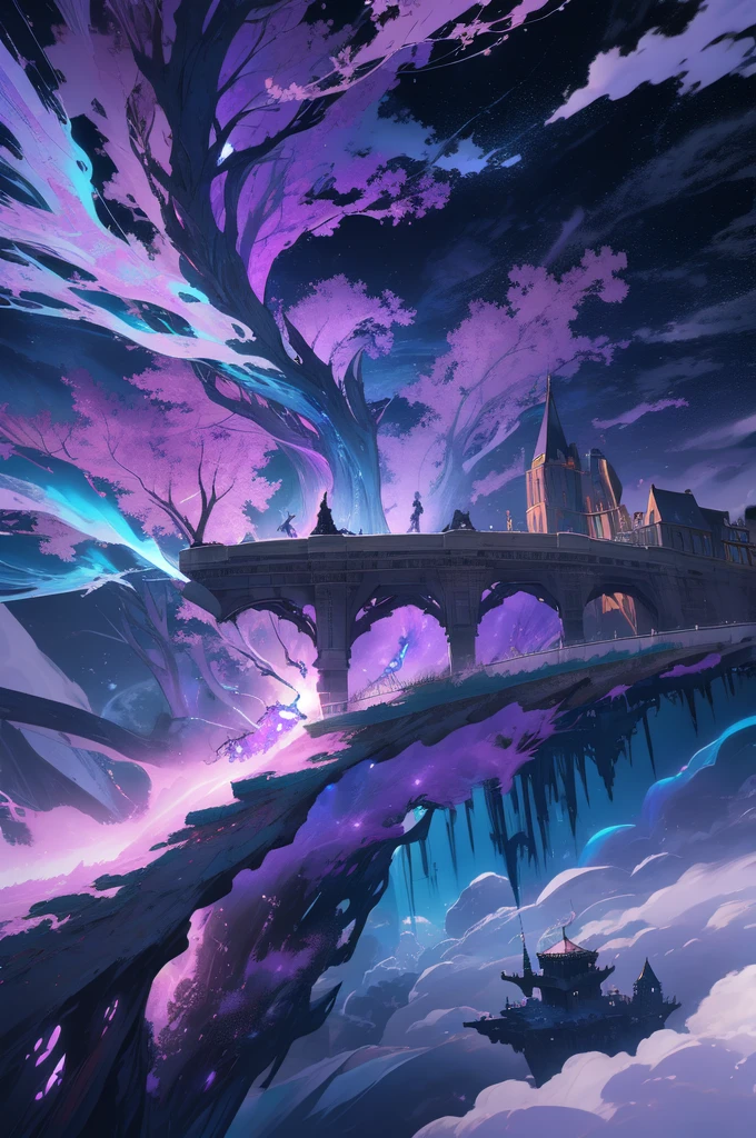 ((masterpiece)),((best quality)),8k,high detailed,ultra-detailed,intricate detail,Digital art,surrealism,fantasy,Gothic architecture,a lone figure suspended mid-air amidst floating islands,surrounded by swirling storm clouds,illuminated by ethereal lightning,dramatic and electrifying,vibrant shades of purple and turquoise,dynamic composition,Maxon Cinema 4D rendering,capturing the electrifying tension of a stormy realm,