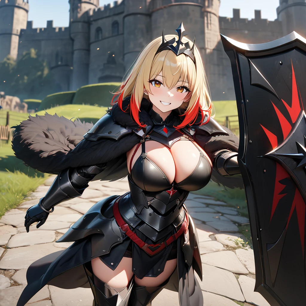 A woman wearing black heavy armor with red trim, black metal bracelet, black metal boots, holding a black shield, big breasts, short hair, blonde hair, red bangs, multicolored hair, brown eyes smiling, walking outside of a large medieval black castle, gray concrete platform, sadistic, smiling face, black tiara helm, black fur cape...UHD , work- prime, precise, anatomically correct, textured skin, super details, high quality, best quality, 8k, high resolution, bokeh effect. (woman solo)
