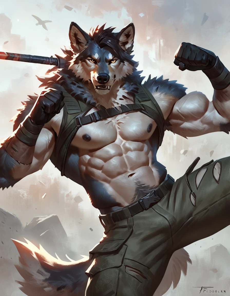 Anthro wolf male warrior, concept art, solo, strong eyes, military pants, hi res, masterpiece, absurd res, 2023, extreme detail, abs, pecs, dark nipples, torn military shirt, by taran fiddler, fighting pose, hair