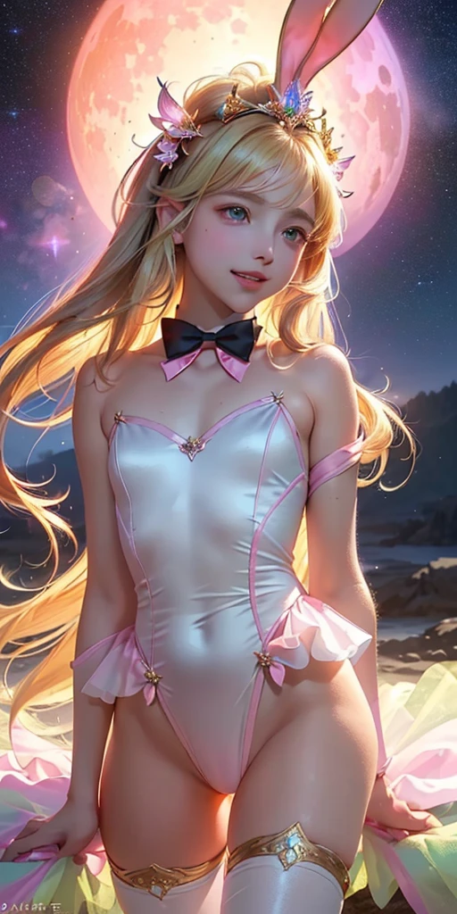 masterpiece, best quality, extremely detailed CG unity 8k wallpaper,((Upper Body)) ,((Upper Body head close-up shot of a beautiful  girl)), , Elegant Long straight blonde hair, (Mckenna Grace), ((flat chest,thighs,Autoluminescence Black skin)), (pink-green) golden (Glittering tutu,long Bunny Ear Headgear, , Bow-tie, No panties, genitals visible), ((spread legs)),(), (Blush), , (seductive smile), (Starry sky), pretty face, key art, award winning, intricate detail realism hdr, by (ruan jia and artgerm and range murata), Photorealism, Hyperrealism, ultra realistic, dramatic light, intense shadows, gorgeous view, depth of field