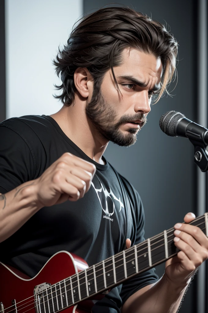 Um cara de cabelo grande e loiro musculoso sem camisa tocando uma guitarra stroadcaster preta e branca