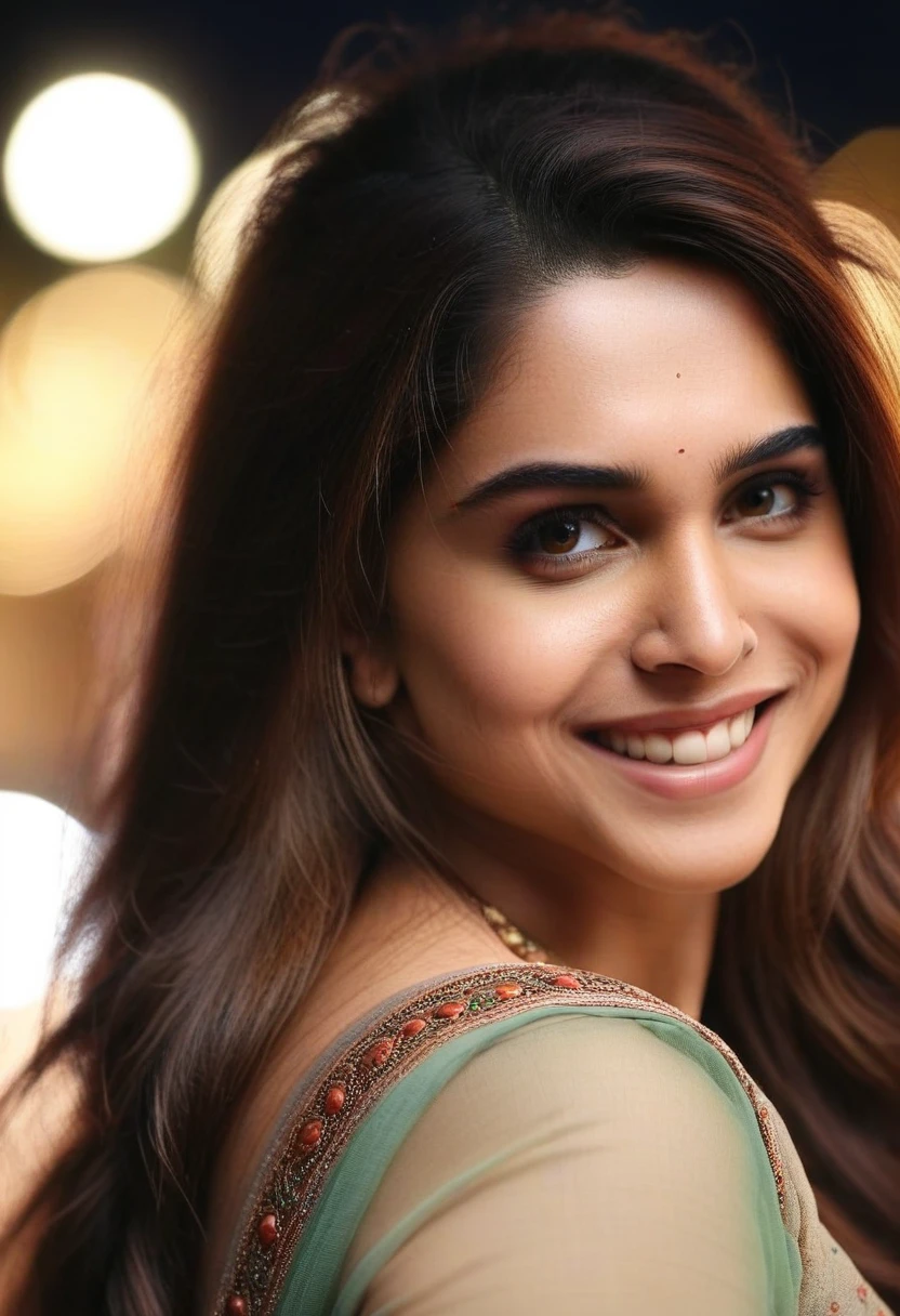 hires close up portrait photo of a woman, sharvari wagh, outdoors, realistic skin texture, smiling, looking looking at camera, indian clothes, smiling, night time, beautiful bokeh   