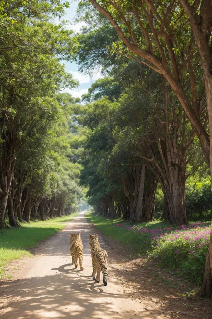 Gato e tigre caminhando lado a lado, explorando riachos cristalinos, huge trees and fields of colorful flowers."