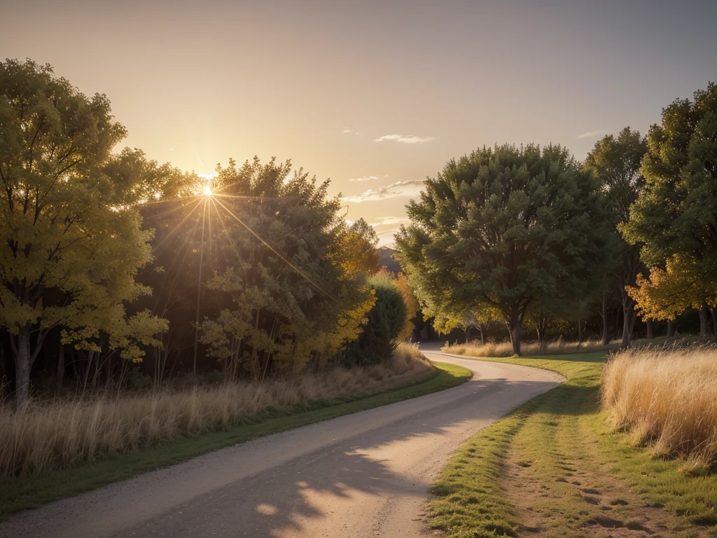 muestra un paisaje al atardecer. The sky is painted with warm shades of orange and gold, creating a serene and welcoming atmosphere. En el centro de la imagen, A path winds through a field of golden grass, illuminated by the soft light of the sun that is setting on the horizon. A lo largo de la vereda, small flashes of golden light reflect on the stones of the path, adding a magical touch to the scene. Alrededor, stylized trees with leaves in amber and gold tones create a natural frame, highlighting the beauty of the autumn landscape. The combination of warm colors and the feeling of peace that emanates from the image make this wallpaper a perfect complement