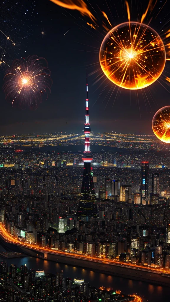 Tokyo night view、Many meteorites are falling、fireball、mysterious、tragic、The night view is very beautiful、Diamond Sparkle