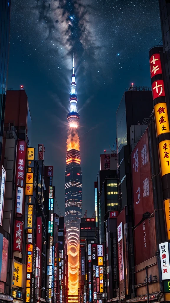 Tokyo night view、Many meteorites are falling、fireball、mysterious、tragic、The night view is very beautiful、Diamond Sparkle