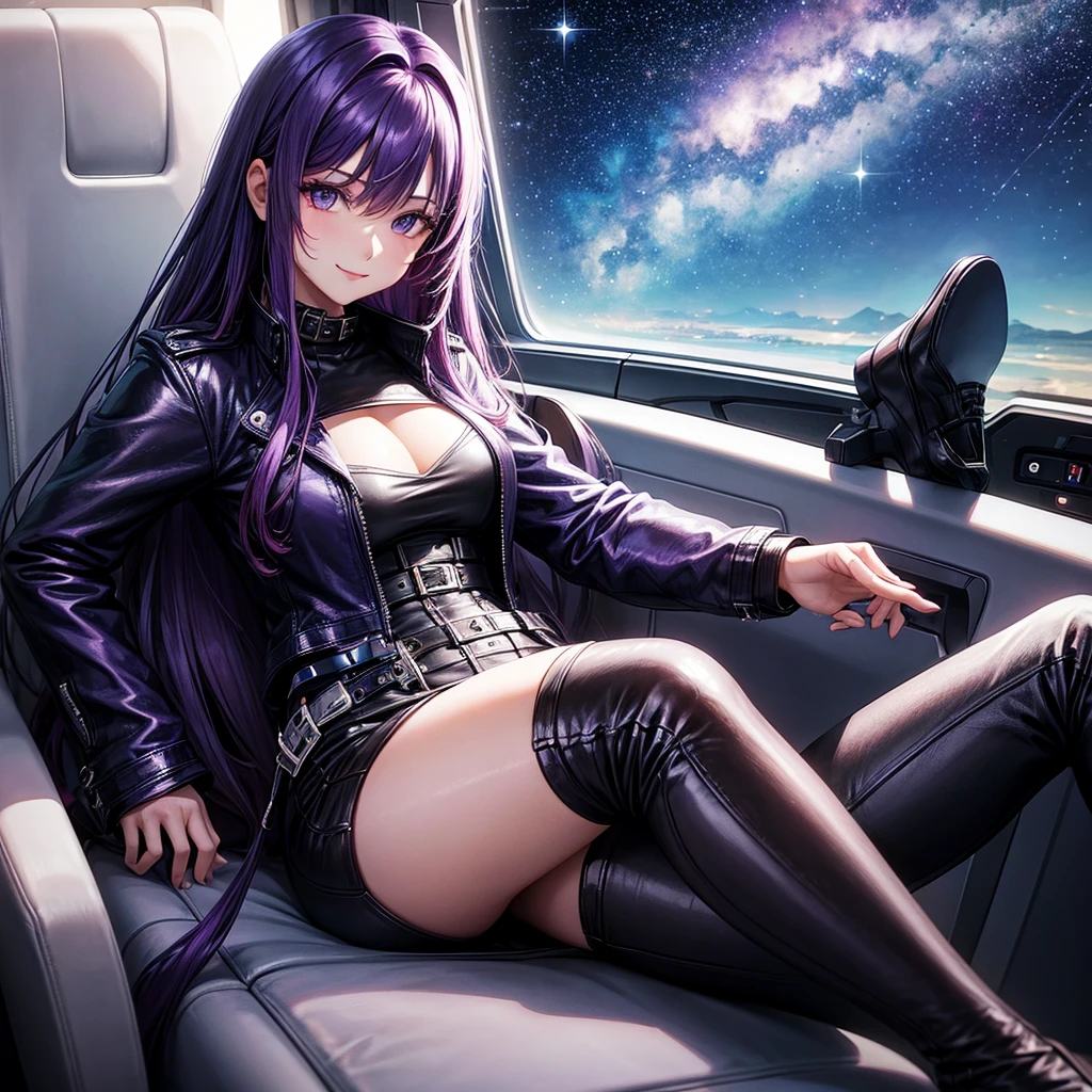 A young sexy woman with long purple hair and sexy clothes sits in a spaceship seat、A beautiful starry sky can be seen from the window.。smile,leather jacket,Future Fashion,Angel girl