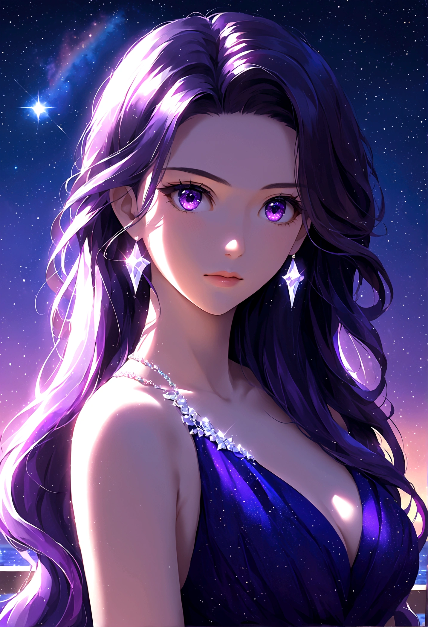 masterpiece, Cute girl, Break, Purple evening dress, High detail face, Upper Body, glare, Rainbow Colors, Global Illumination, Soft Light, Light of Dreams, number, 8K Close-up, fantasy, Night Sky, Star, nebula, White crystal, moonlight, peaceful, summer, (8K:1.1)