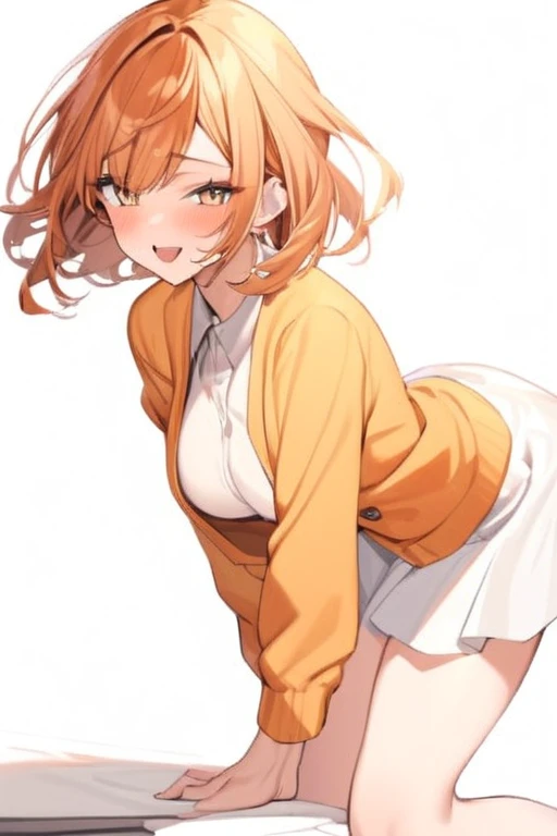 A beautiful girl with brown eyes, short ginger hair, wearing an orange cardigan, white skirt, sexy pose, big bust, alluring expression