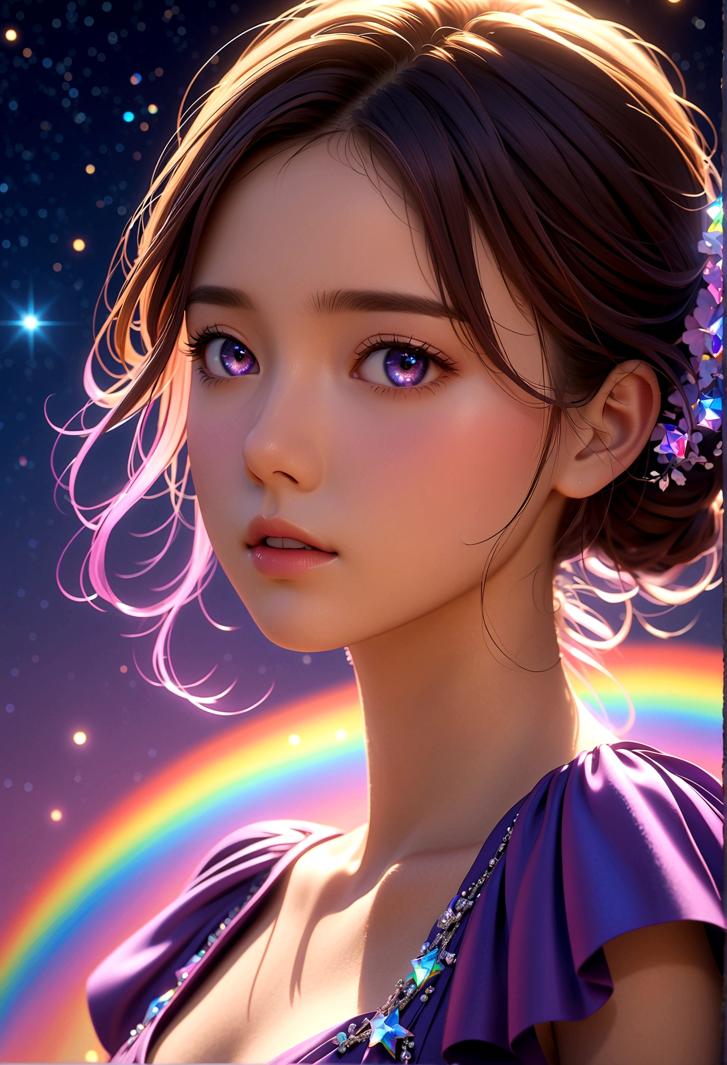 masterpiece, Cute girl, Break, Purple evening dress, High detail face, Upper Body, glare, Rainbow Colors, Global Illumination, Soft Light, Light of Dreams, number, 8K Close-up, fantasy, Night Sky, Star, nebula, White crystal, moonlight, peaceful, summer, (8K:1.1)