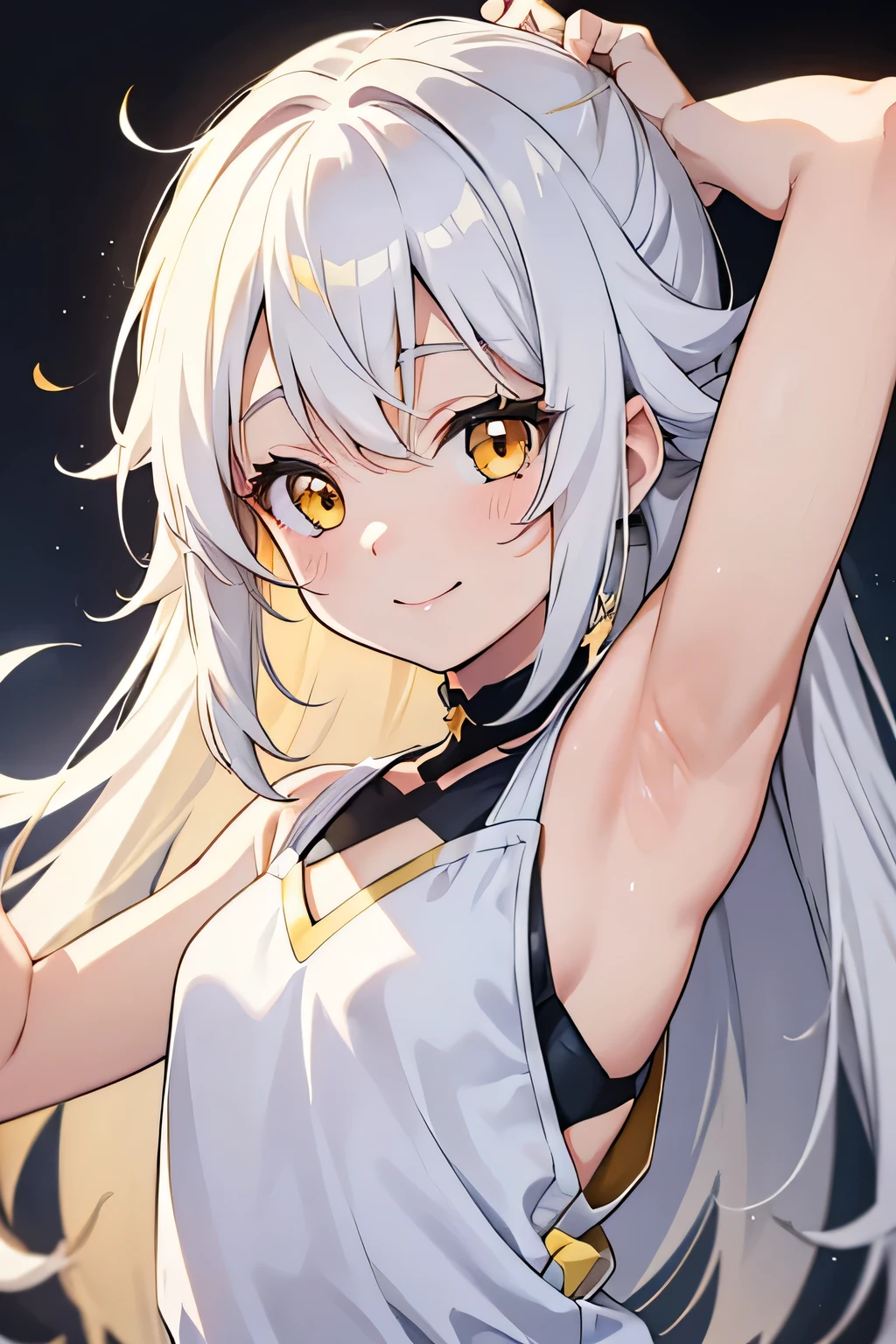 ddler, cute anime toler, smiling, white hair and yellow hair, long hair, messy hair, golden eyes, showing armpits
