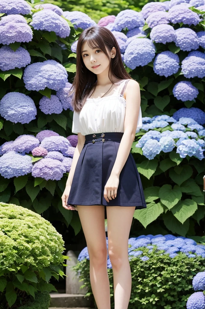 A 21-year-old girl wearing a miniskirt、In the hydrangea park。