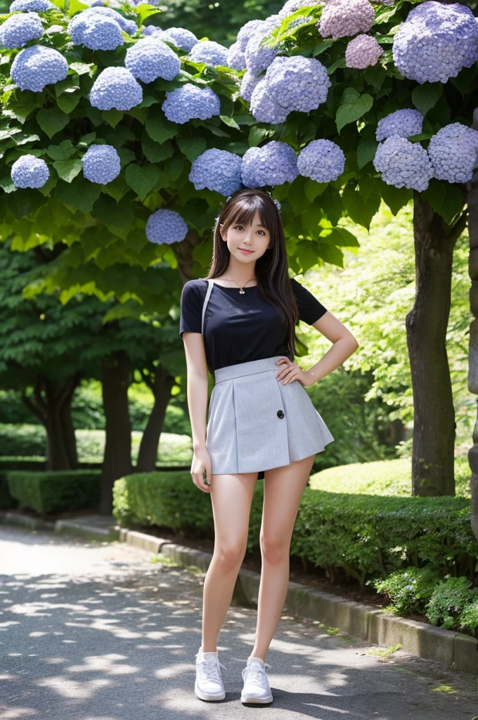 A 21-year-old girl wearing a miniskirt、In the hydrangea park。