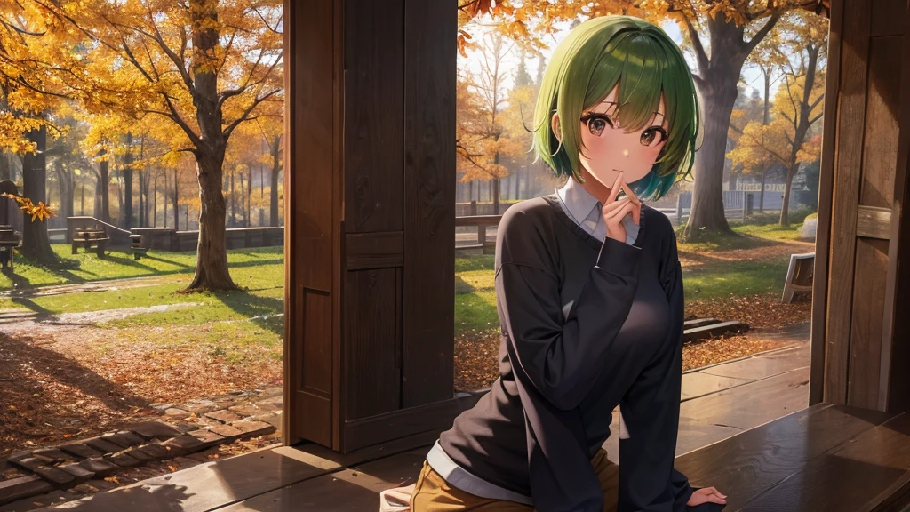 a girl with green hair, violet sweatshirt, autumn forest, perfect brown eyes, cinematic lighting, expression of joy, work of art, ultra definition, falling autumn leaves, half-length focus, pose on a corner of the image