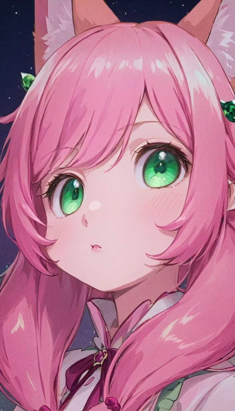 A little and cute pink and white kitsune with emerald green eyes, wearing girl's clothing, long ears and multiple pink tails, detailed portrait, beautiful face, photorealistic, high detail, vibrant colors, soft lighting, cinematic composition