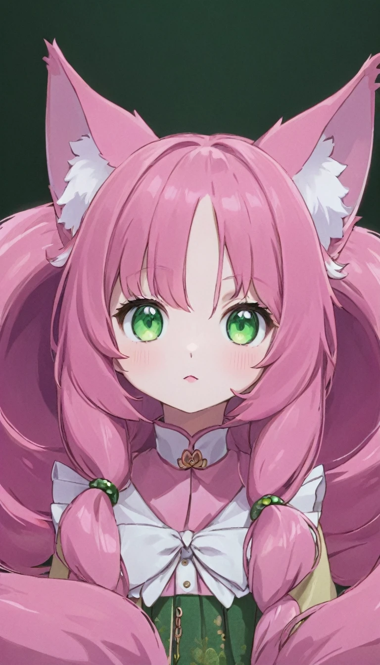 A  and cute pink and white kitsune with emerald green eyes, wearing girl's clothing, long ears and multiple pink tails, detailed portrait, beautiful face, photorealistic, high detail, vibrant colors, soft lighting, cinematic composition