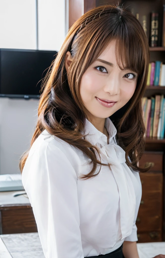 (Best quality, 8k, 32k, Masterpiece, UHD:1.2), from front, 1 girl, beautiy Japanese office lady, (smile:0.5), (looking at the the viewer), 30 years old, bit chubby:0.2, white shirt, black skirt, office room, desk, detailed beautiful face, twin-tail wavy hair, from below,