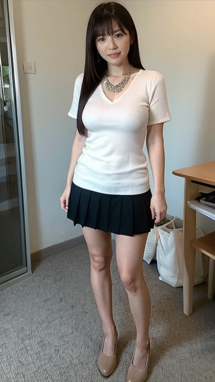 Feeling sluggish,(((8k、High resolution、highest quality、High resolution)))alone、Natural body shape、White skin、Natural Makeup、Black Hair、bangs、 Long Hair、(Big Breasts),Looking at the camera、Bedroom、(Business look), ((teacher)), White ribbed short sleeve V-neck, Formal blue tight skirt,mini skirt , necklace、((Full body photo))