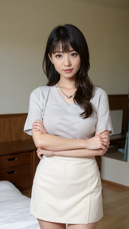 Feeling sluggish,(((8k、High resolution、highest quality、High resolution)))alone、Natural body shape、White skin、Natural Makeup、Black Hair、bangs、 Long Hair、(Big Breasts),Looking at the camera、Bedroom、(Business look), ((teacher)), White ribbed short sleeve V-neck, Formal blue tight skirt,mini skirt , necklace、((Full body photo))