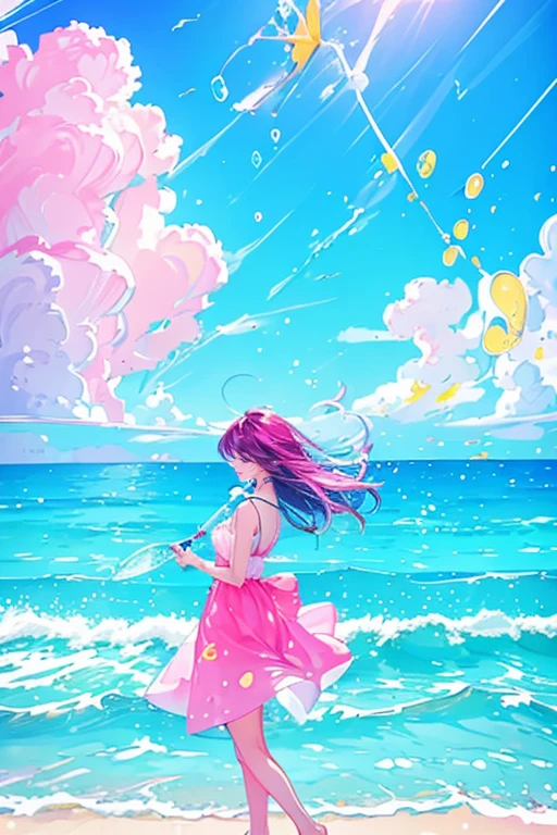 1girl,solo,cute,hold a glass,Fizzy Soda,lots of bubbles,pink and yellow and blue,bright background,water splashes,in the beach,brilliant sea