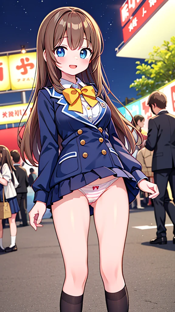 {Highest quality], [Super beautiful], [Ultra fine], [Best illustration], NSFW,Brown Hair, Hime cut, Long Hair, With bangs, girl,high school student,uniform,knit,skirt,smile, blush, Slender women, Adult women,Standing posture,(Public),Night Park,Summer festival,diagonal, Navy blue knee socks,Black Loafers、Stripes々
Panties、Panties in full view