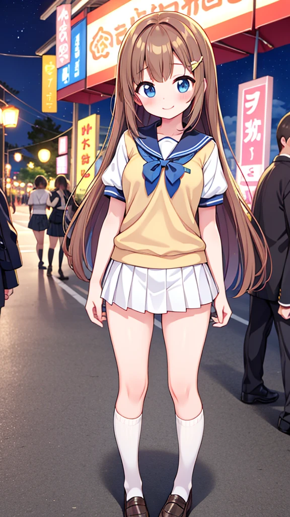 {Highest quality], [Super beautiful], [Ultra fine], [Best illustration], NSFW,Brown Hair, Hime cut, Long Hair, With bangs, girl,high school student,uniform,knit,skirt,smile, blush, Slender women, Adult women,Standing posture,(Public),Night Park,Summer festival,diagonal, Navy blue knee socks,Black Loafers、Stripes々
Panties、Panties in full view