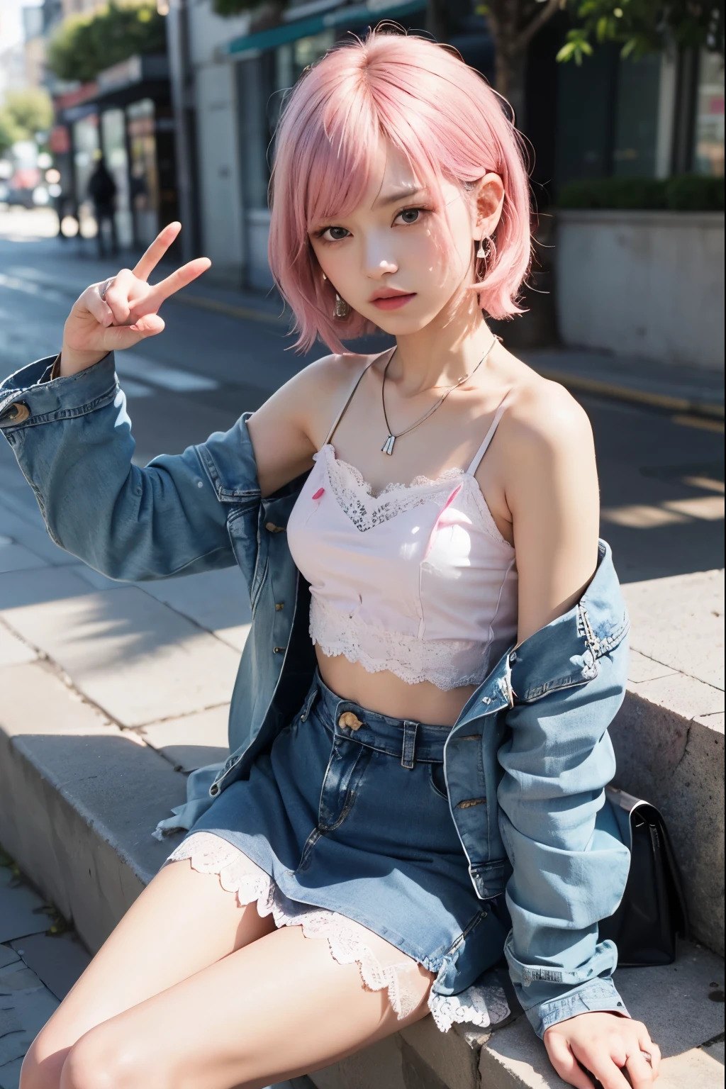 (32K, top-quality, masterpiece:1,2), (reallistic, Photorealsitic:1.37), Super Detail, One girl,), (Highly detailed), (beautifully detailed eyes), (of the highest quality), (super detailed ), (masterpiece), (Detailed face),20yr old, ,1 girl, ((pink hair,Very short hair)), medium breasts, clothed, Perfect Lighting, (light blue denim jacket:1.3), (white lace camisole:1.4), (pink cropped T-shirt:1.3), (beige long skirt:1.4), (white loose socks:1.2), (black platform sneakers:1.2), (silver earrings:1.2), (silver necklace:1.2), (pink bangle:1.2), (small check pattern on skirt:1.3), (Reiwa gal:1.5), BREAK bangs on left side,looking at camera, bringing both hands to the top of the ears, palms facing outwards, bending the wrists, fingers pointing inwards, elbows slightly outwards, blurred urban background, soft evening light, light on face,Small breasts,Small Ass,Small waist,Prostitute,