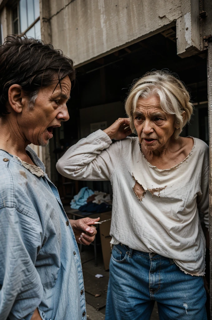 A 65 year old lady, thin, weighing 47 kilos distributed in a body with 167 centimeters in height, with large, saggy breasts, wide hip, thick legs and thighs. She has an expressive face with lines of time from age, small mouth, brown eyes with a serene and suffering look, light brown eyes and wavy hair. She is wearing glasses on her face and a long skirt, and she is using both hands to open a white dress shirt, completely open, exposing her beautiful, completely bare breasts., and is leaning against a wall in an alley in a Brazilian favela at night.
