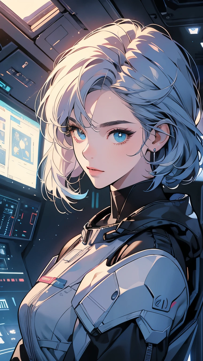 One beautiful woman, inside a spaceship, perfect machine, spacesuit, looking at camera, perfect face, zero gravity, outer space, lots of wires, switchboard, perfect and detailed machine, robot, detailed hair, (((Various angles))), cockpit, upper body shot, most beautiful woman alive, head shot , Super detailed background, top quality, Unique and beautiful eyes, Various unique hairstyles, Ghost in the Shell, Long shot, Panorama, (((Various eye color))), Various hair color, sparkling eyes,Outer space in the background, Unique and perfect face, Pale Lighting, shoot from above