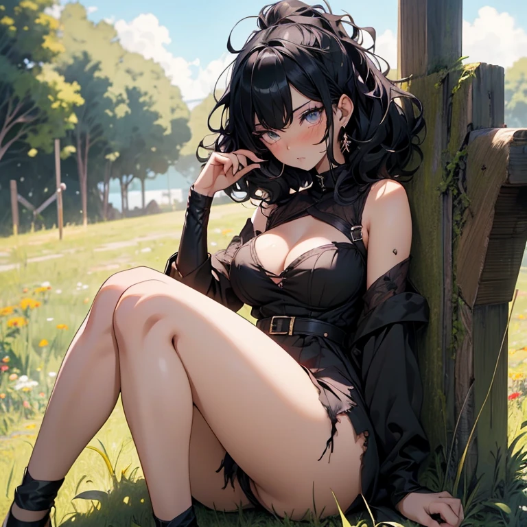 ,1girl,mature female, blush, Voluminous afro, yellow eyes, black hair, :o, large breasts, thick thighs, put one's legs together:1.2 sexual girl, slutty, in a field, black hair, slender body, blue eyes, mascara, torn clothes