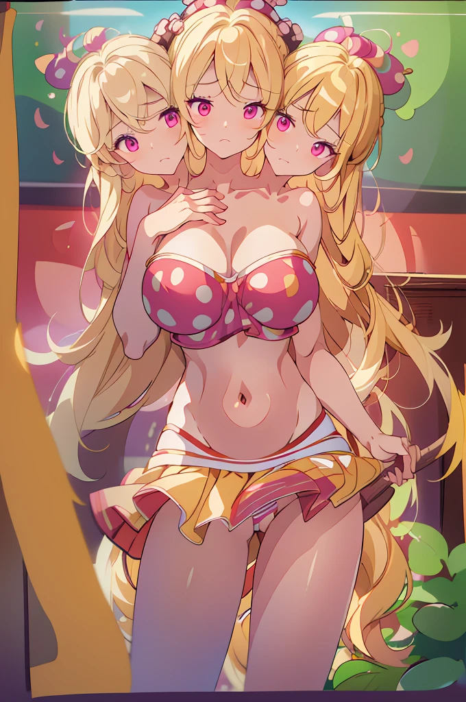 (masterpiece, best quality), best quality, (ultra-detailed), (3heads:1.5), 1girl, (ultra-detailed), (3heads:1.5), 1girl, (clownpiece:1.3), masterpiece, best quality, ultra quality, ultra resolution, ultra detail, red and blue top, crop top, ((stomach)), midriff, ((groin)), red and blue skirt, normal ears, shackles, blonde hair, very long hair, wavy hair, sidelocks, pink eyes, parted lips, blonde, sweat, cute, toned belly, hand on own chest, eyelashes, (24 year old woman:1.3), (masterpiece:1.5), (best quality:1.5), (beautiful detailed), extremely detailed CG, extremely delicate and beautiful, depth of field, (finely detailed face), (perfect details:1.2), (mature female:1.3), wide pelvis, slender, large veiny breast, 16k resolution, highres, very high quality, very high definition, extremely detailed, masterpiece, blonde hair, long hair, alluring presence, braid, short skirt, close up, very big tits, huge tits, young, purple, polka-dotted jester's hat, fairy wings, torch, nsfw, open belly,