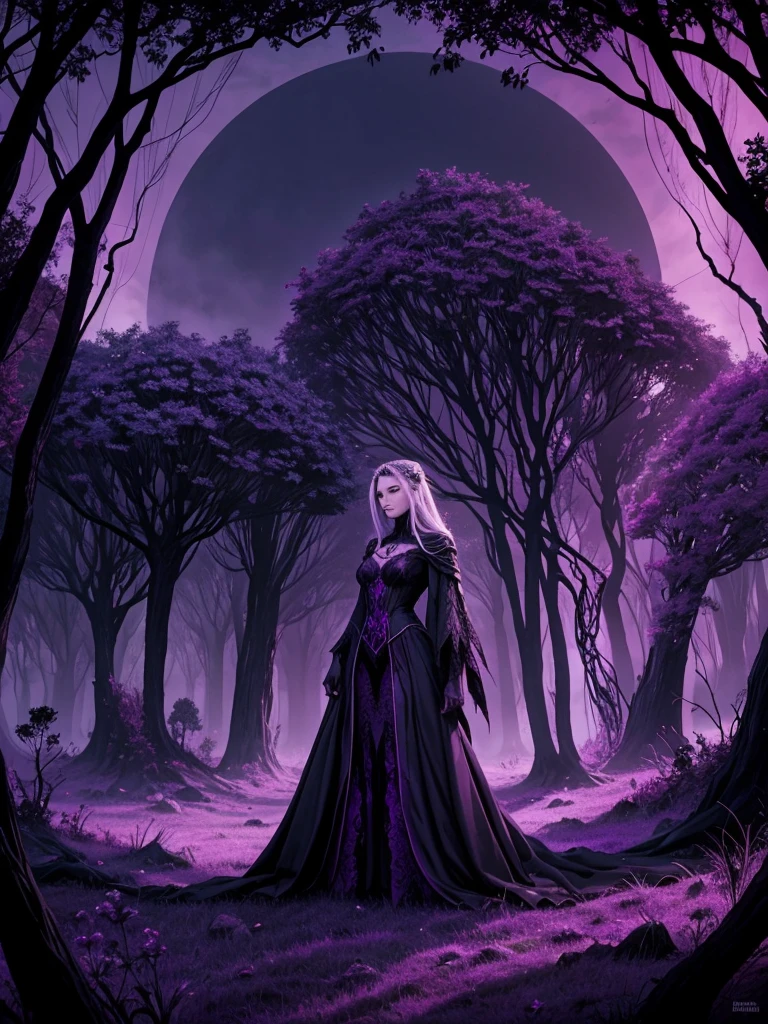 Lanscape, Lolth's realm, purple and black colors, spider webs, dreadful vibe