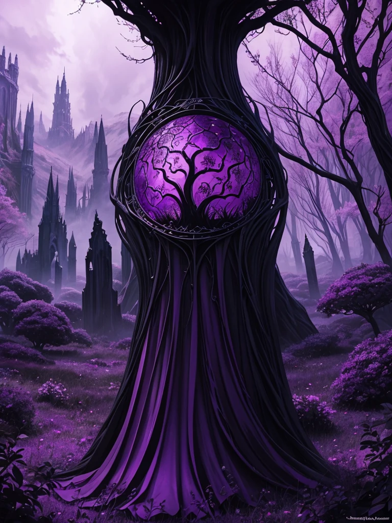 Lanscape, Lolth's realm, purple and black colors, spider webs, dreadful vibe