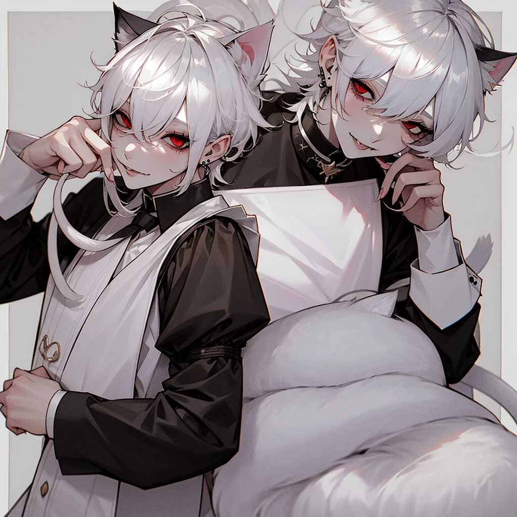 Cute, white hair, red eyes, pale skin, white eyelashes, boy, male, Femboy, maid dress, maid porn, cat ears, cat tail, no underwear, anime