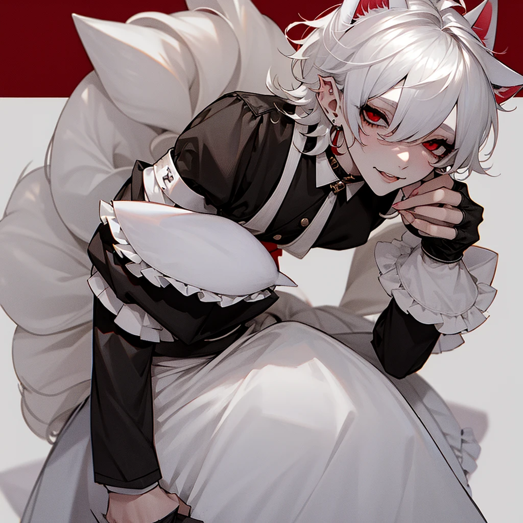 Cute, white hair, red eyes, pale skin, white eyelashes, boy, male, Femboy, maid dress, maid porn, cat ears, cat tail, no underwear, anime