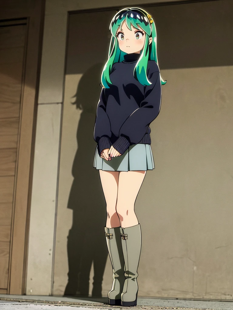 masterpiece, Highest quality, 1 Girl, lum, happy, blush, Grey knit, Black Mini Skirt, Grey tights, boots,anime, From before, blush, Standing with hands clasped in front of the body, Embarrassed, Mature, 18-year-old, City of night, Gaze Here, High definition, Japan, Green Hair、From below、Focus on the feet