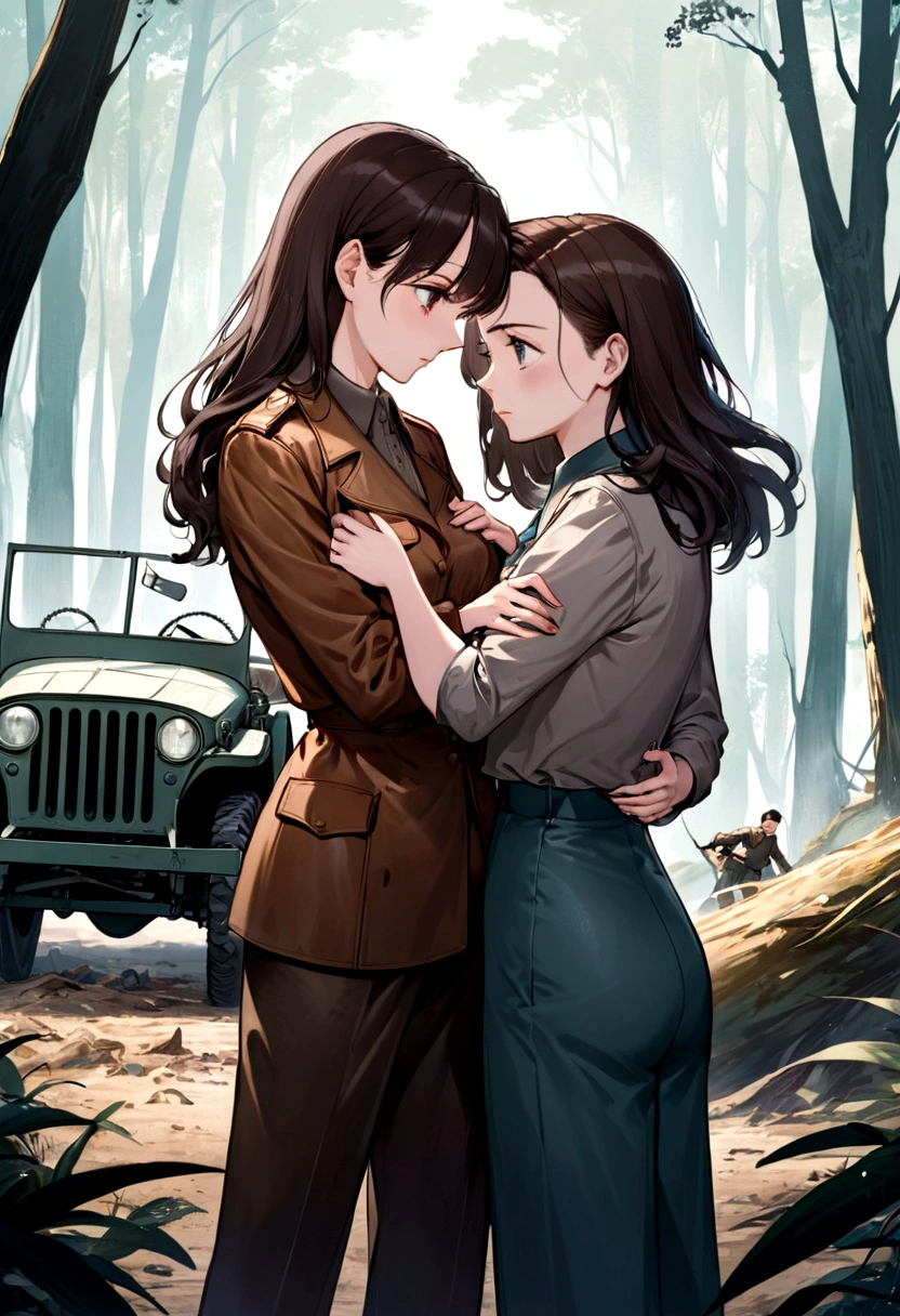A heartbreaking anime illustration style depicting two women in love in the middle of a desolate war-torn forest. The first woman, with long dark hair, wears a gray shirt, dark 1940s pants, and boots. She is facing the second woman, who has British features, brown hair and is dressed in a brown leather jacket, pants and a red 40's style shirt. She is holding the first woman's arms hoping she will come to her senses. . Her eyes are full of sadness as they stand next to a war-ravaged jeep. The title, "Uranus 2324", is written in bold and gold, 1940s war style, evoking a sense of longing and loss