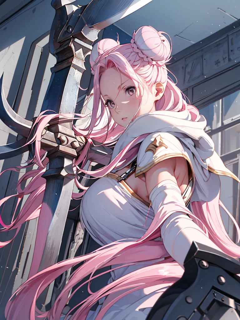 Destroyed city, (A giant goddess 100 meters high floats, Light radiates from the entire body, Lost Students, The Last Judgment, Blue Flame), arms, Aerial angle from below, Braiding, (((Hello, Giant Axe))),masterpiece, Highest quality, High resolution, {Detailed and beautiful eyes}, finely, Detailed and beautiful eyes,1 Girl, (alone:1.5), (Hair Ribbon:0.4), Pink Eyes,Cinematic Angles,perspective,(((White bun hair))),(((Long pink hair))),whole body,