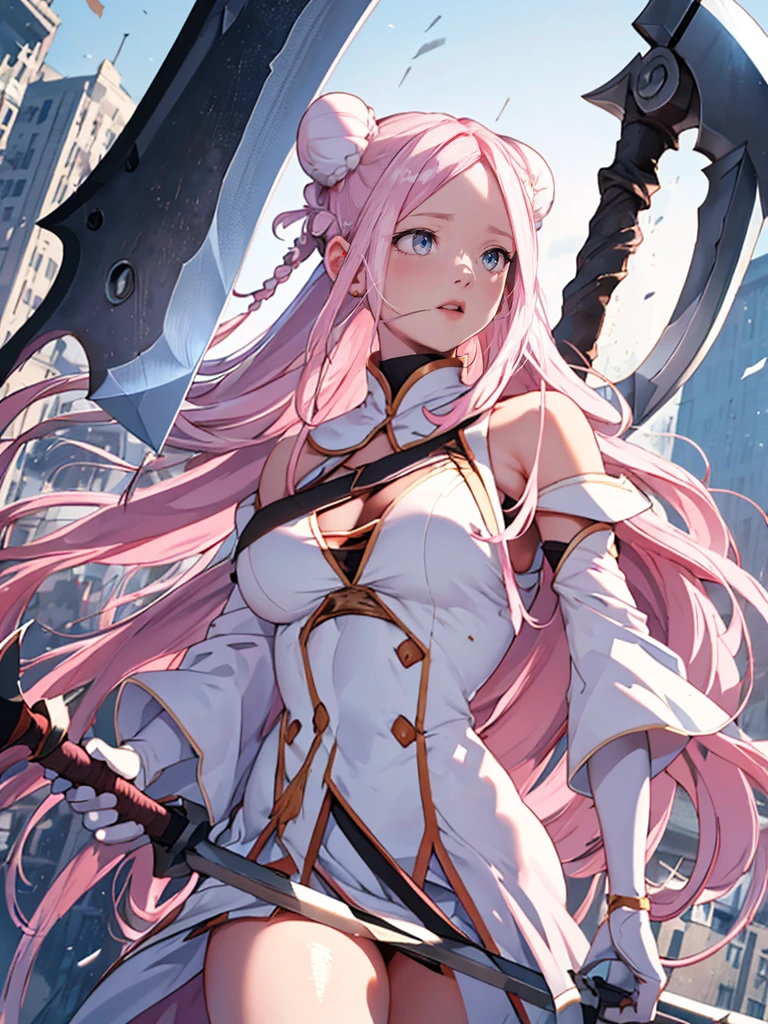 Destroyed city, (A giant goddess 100 meters high floats, Light radiates from the entire body, Lost Students, The Last Judgment, Blue Flame), arms, Aerial angle from below, Braiding, (((Hello, Giant Axe))),masterpiece, Highest quality, High resolution, {Detailed and beautiful eyes}, finely, Detailed and beautiful eyes,1 Girl, (alone:1.5), (Hair Ribbon:0.4), Pink Eyes,Cinematic Angles,perspective,(((White bun hair))),(((Long pink hair))),whole body,