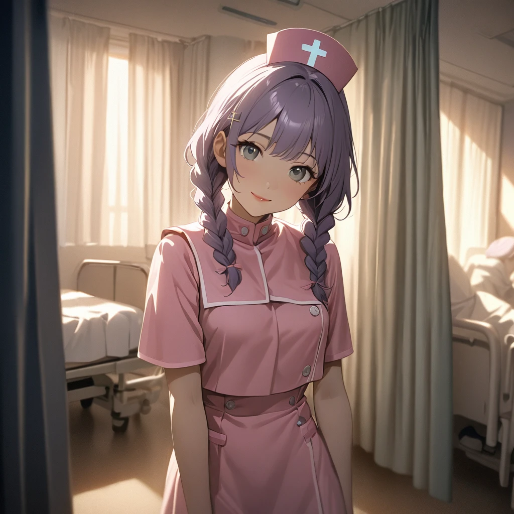 (Cute a girl:1.5), (a girl with closs hair pin,pale purple hair,wavy two braids,bluntbangs hair,green and black eyes,
Pink nurse uniform, pink nurse cap, beige pantyhose, white shoes, bright hospital room, girl closed the curtains,pink lips,night lit, :1.4),(masterpiece:1.3), anime visual, (Lovey-dovey:1.5), (tilt head:1.3), extremely delicate face, soft clean focus, realistic lighting and shading, (an extremely delicate and beautiful art:1.3), elegant, (muted colors:1.1), small breast,slim,look at viewer,smiling,