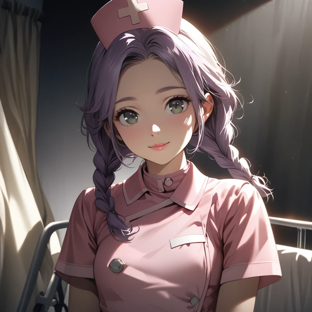 (Cute a girl:1.5), (a girl with closs hair pin,pale purple hair,wavy two braids,bluntbangs hair,green and black eyes,
Pink nurse uniform, pink nurse cap, beige pantyhose, white shoes, bright hospital room, girl closed the curtains,pink lips,night lit, :1.4),(masterpiece:1.3), anime visual, (Lovey-dovey:1.5), (tilt head:1.3), extremely delicate face, soft clean focus, realistic lighting and shading, (an extremely delicate and beautiful art:1.3), elegant, (muted colors:1.1), small breast,slim,look at viewer,smiling,