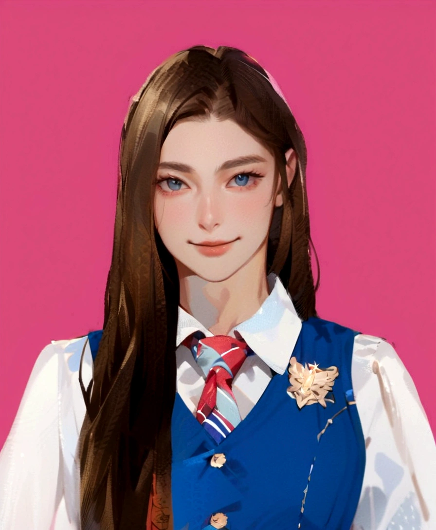 a close up of a person wearing a blue vest and a tie, cute, smile