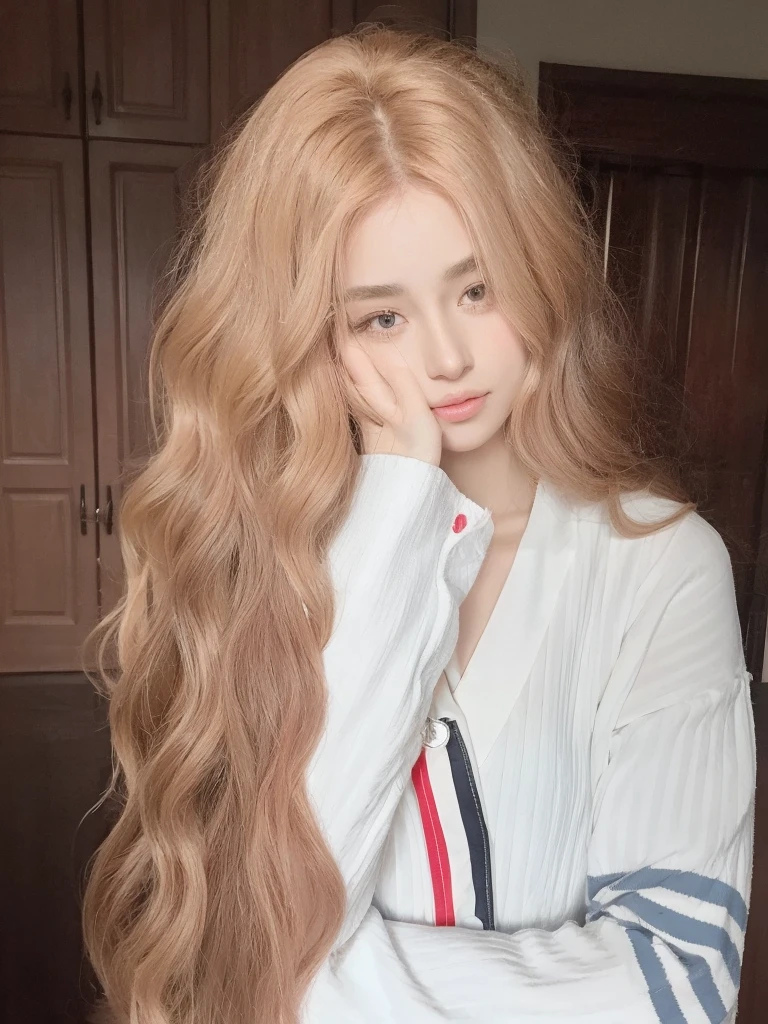 Pink long curly hair，Natural and beautiful hair，Middle-parted long curly hair with bangs，The background is simple and clean