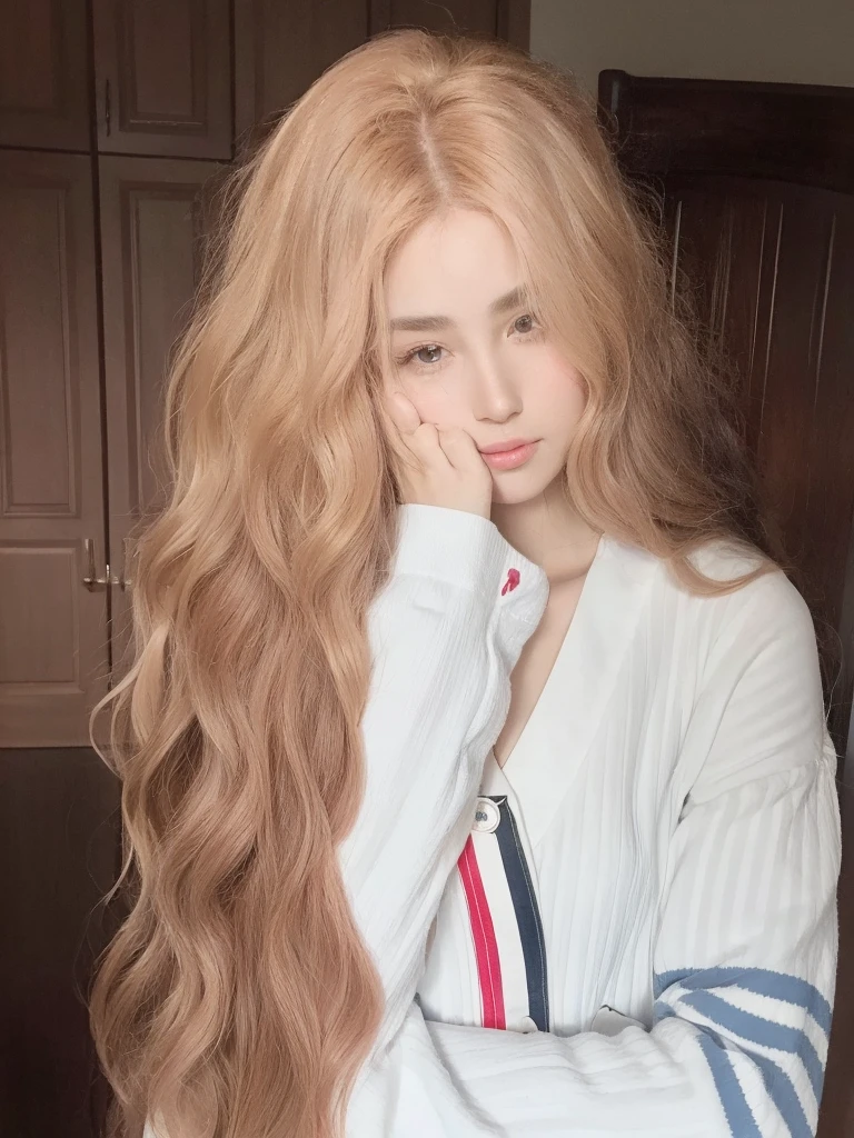 Pink long curly hair,Natural and beautiful hair,Middle-parted long curly hair with bangs,The background is simple and clean